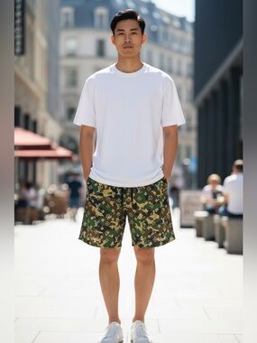 Asylum - Men's LV Camouflage Athletic Shorts with Logo-Style Print - Green